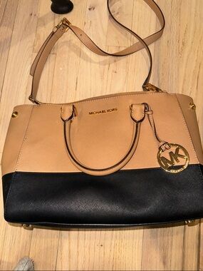 Michael Kors Black and Tan Two-Tone Satchel with Gold Accent